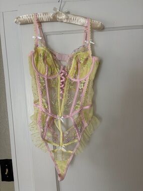 For Love & Lemons Yellow and Pink Floral Sheer Lace Teddy